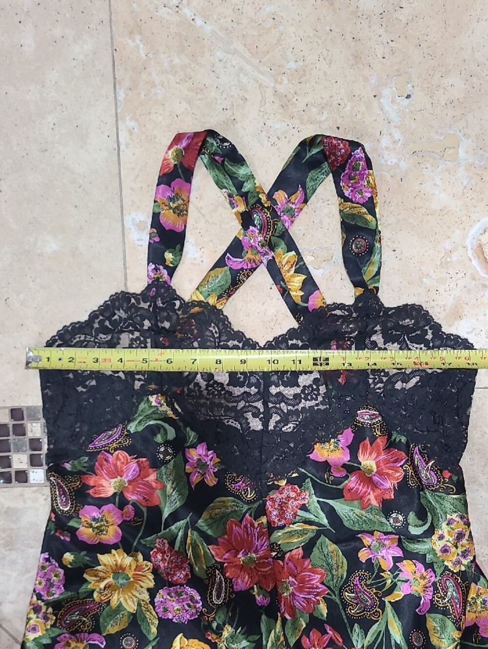 Vanity Fair Vintage Black Floral Lace Maxi Dress with Pink and Yellow Blooms - Picture 7 of 16